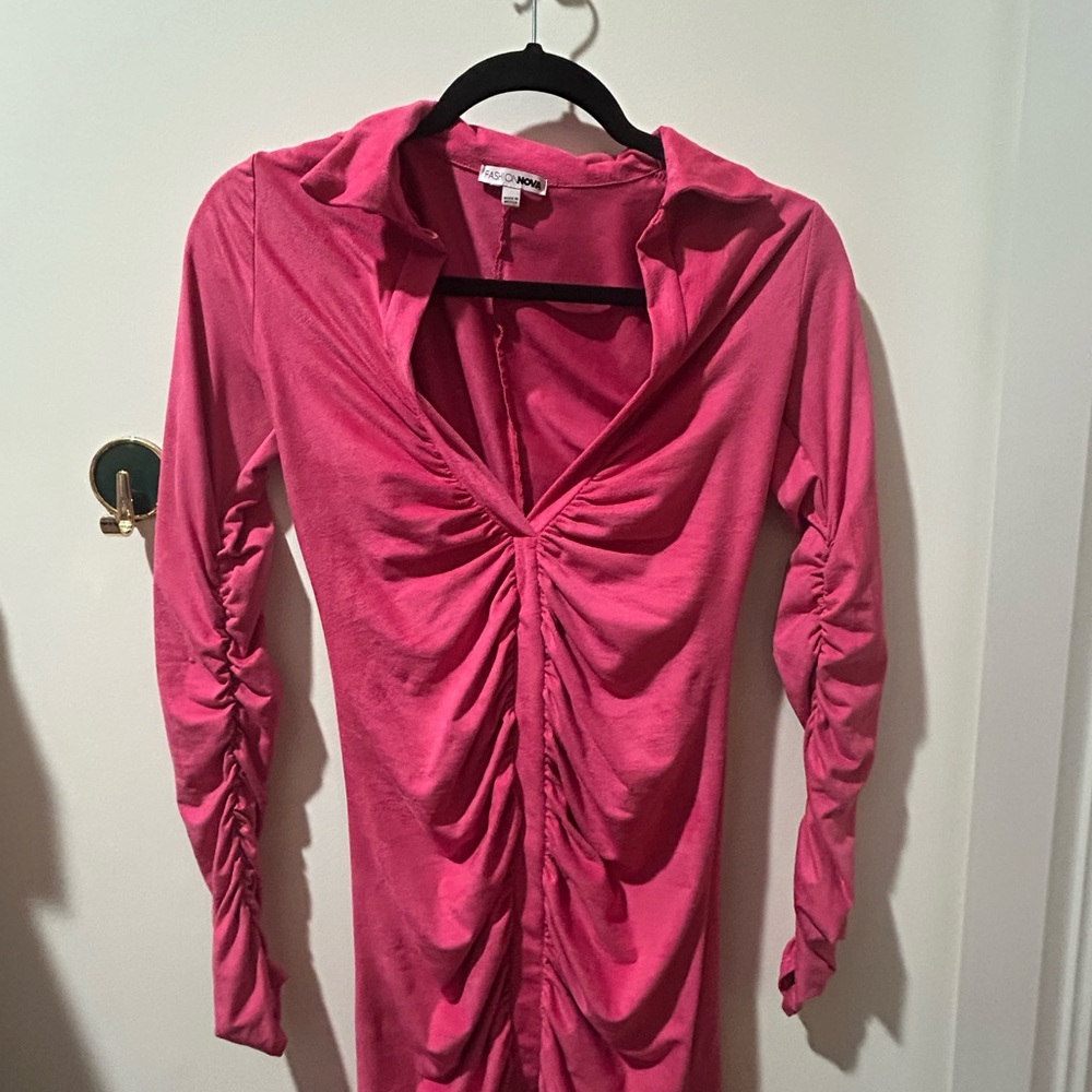 Fashion Nova Hot Pink Ruched Long Sleeve Dress